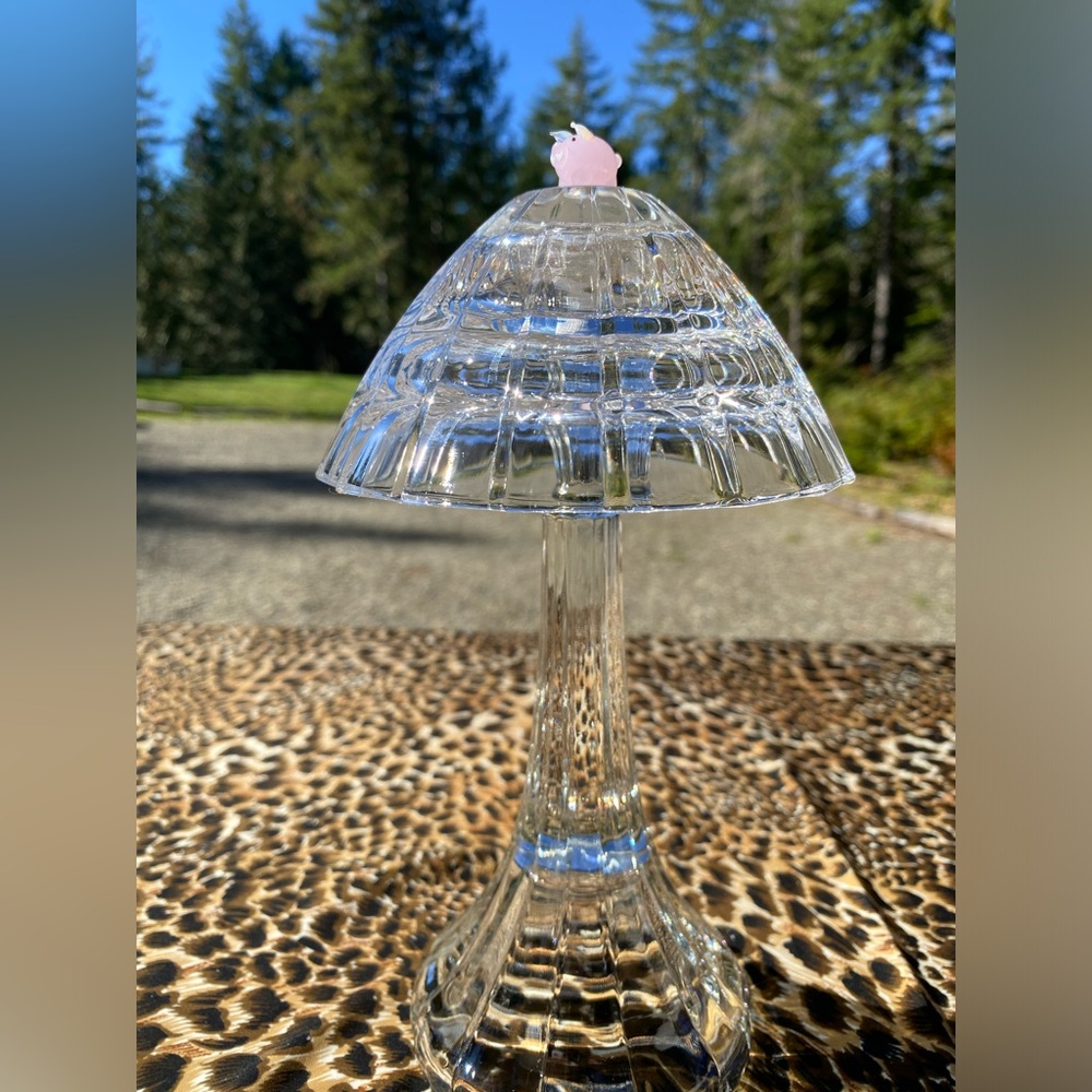 Vintage Crystal Glass Mushroom Art with Pink Pig (handmade)